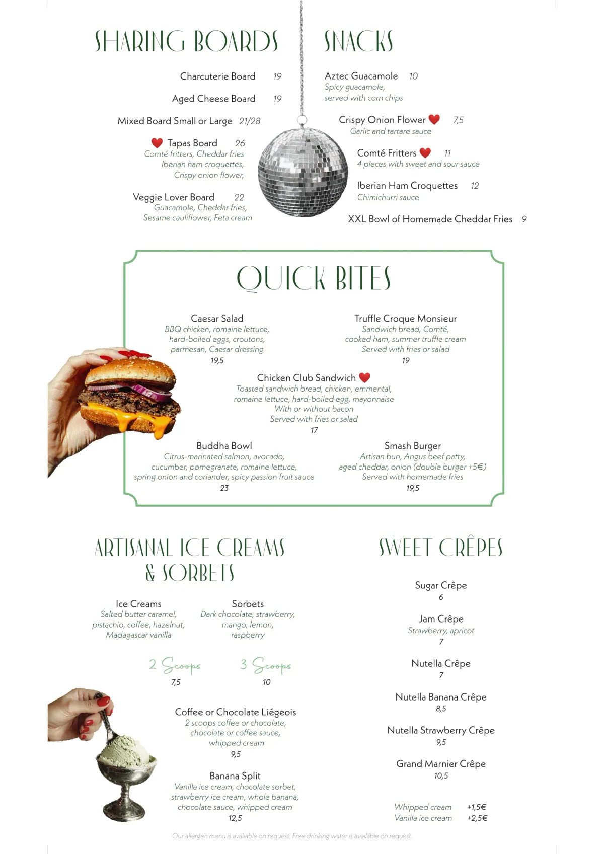 Day menu of Madame Claude restaurant near Châtelet, page 1 : Sharing Boards, Snacks, Quick Bites, Artisanal Ice Creams & Sorbets, Sweet Crêpes