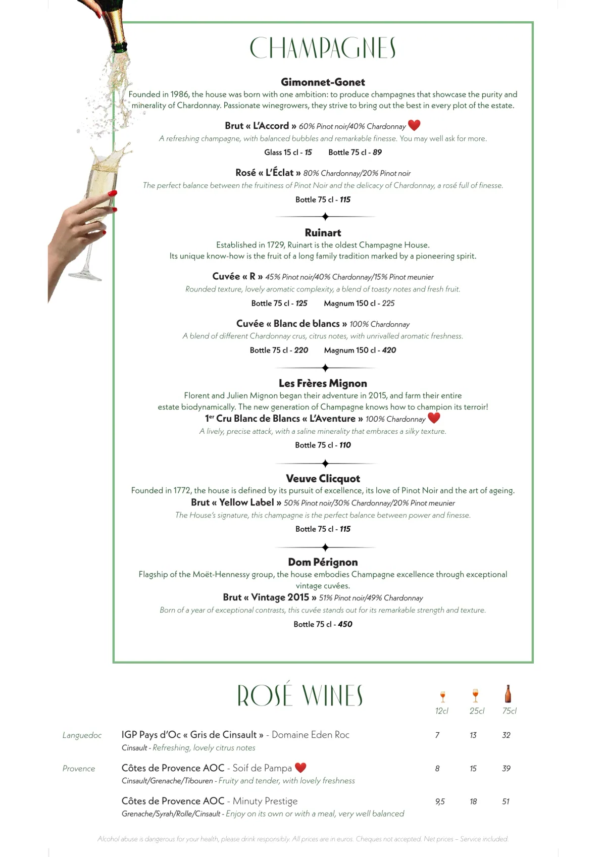 Day menu of Madame Claude restaurant near Châtelet, page 3 : Champagnes, Rosé Wines