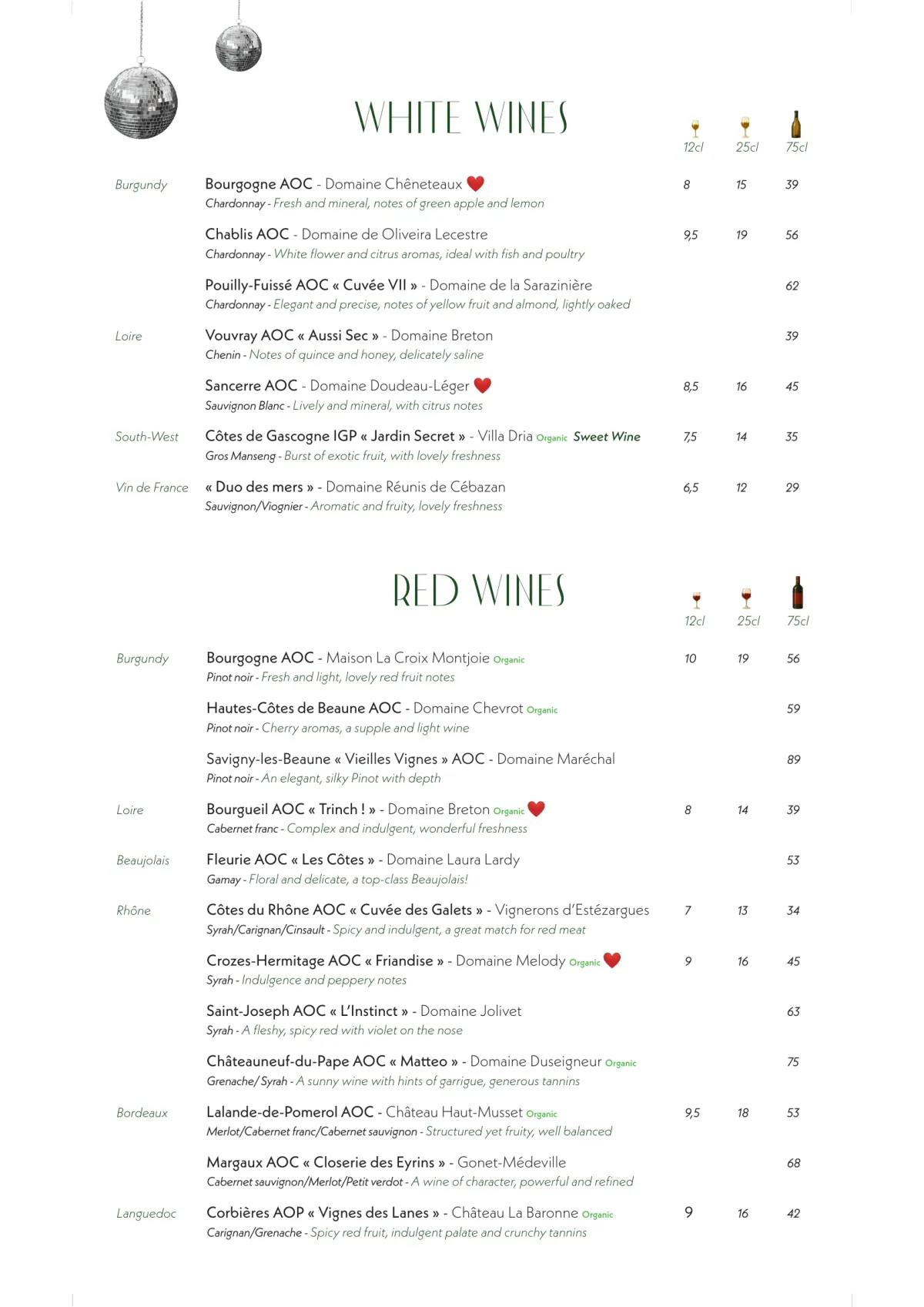 Day menu of Madame Claude restaurant near Châtelet, page 4 : White Wines, Red Wines