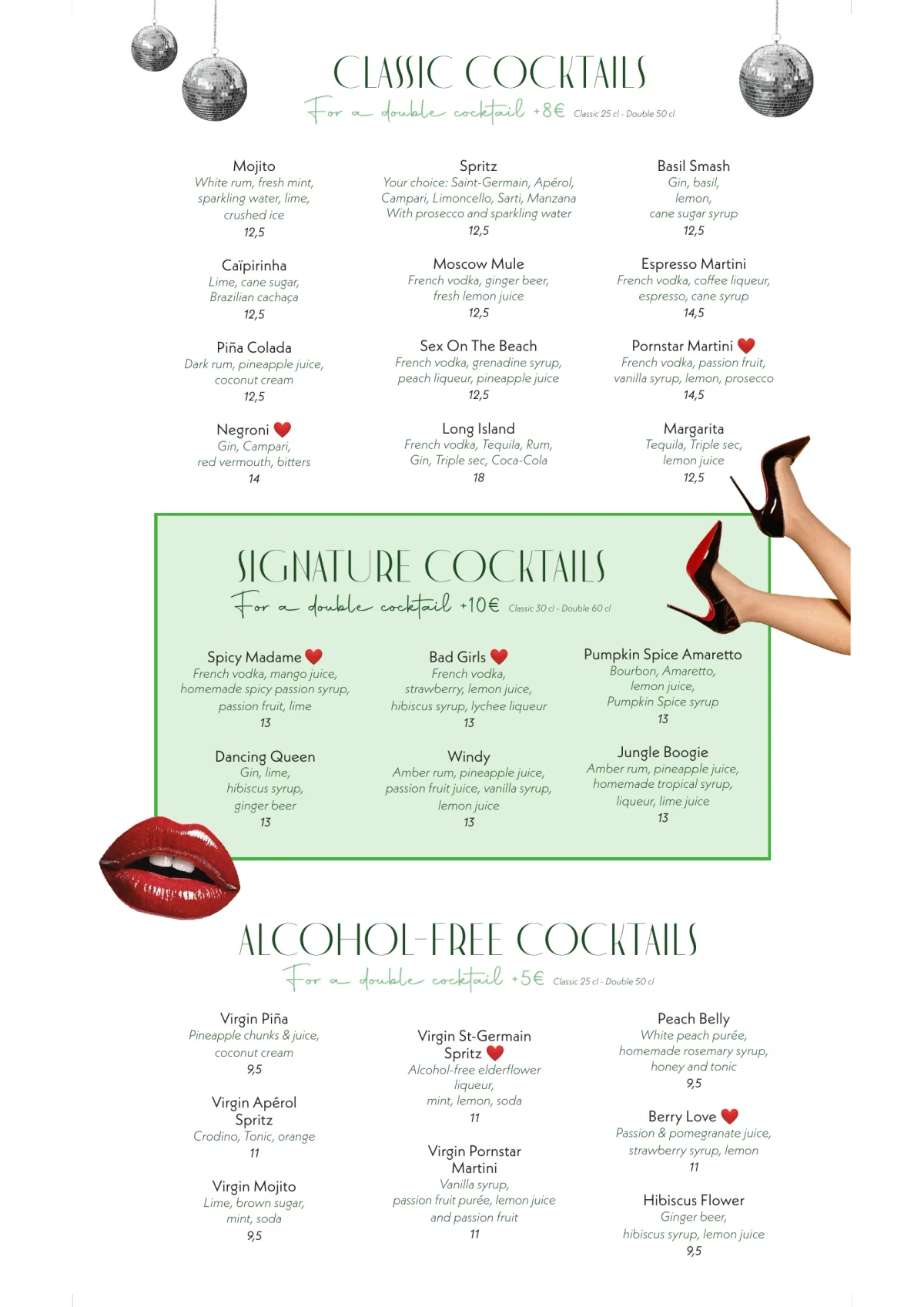 Day menu of Madame Claude restaurant near Châtelet, page 6 : Classic Cocktails, Signature Cocktails, Alcohol-Free Cocktails