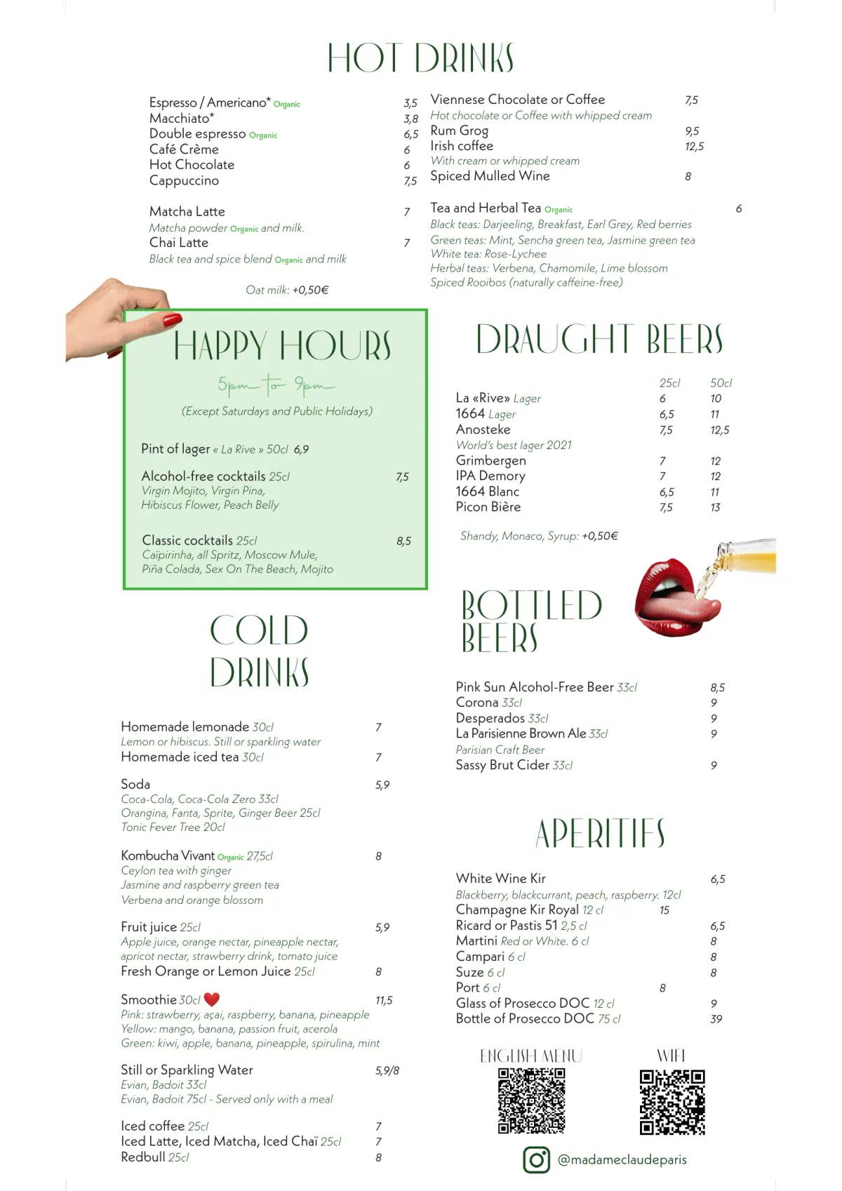Day menu of Madame Claude restaurant near Châtelet, page 7 : Hot Drinks, Happy Hours, Cold Drinks, Draught Beers, Bottled Beers, Aperitifs