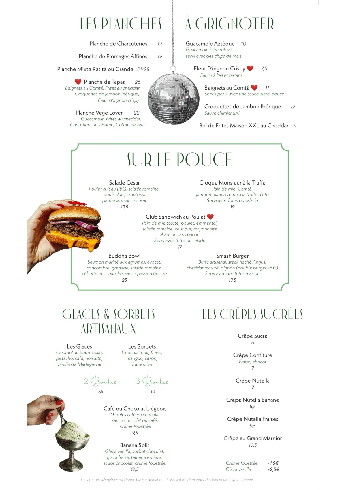 Carte du jour du restaurant Madame Claude à Châtelet, page 1 : Les Planches, À Grignoter, Sur le Pouce, Glaces & Sorbets Artisanaux, Les Crêpes Sucrées