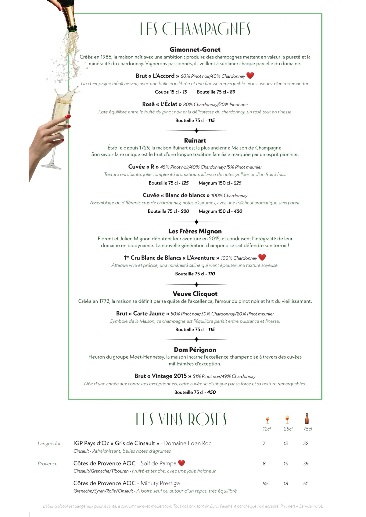 Carte du jour du restaurant Madame Claude à Châtelet, page 3 : Les Champagnes, Les Vins Rosés