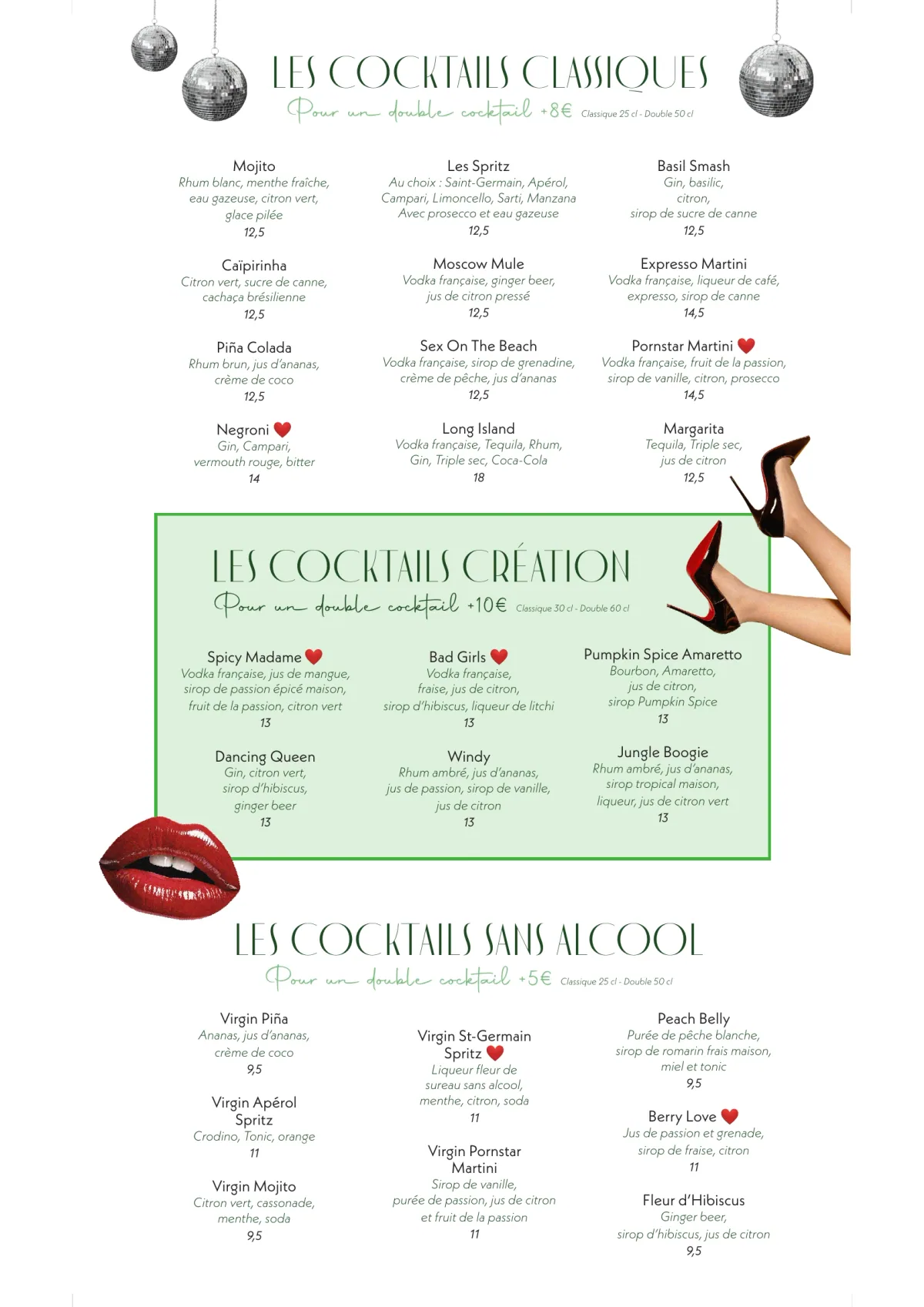 Carte du jour du restaurant Madame Claude à Châtelet, page 6 : Les Cocktails Classiques, Les Cocktails Création, Les Cocktails Sans Alcool
