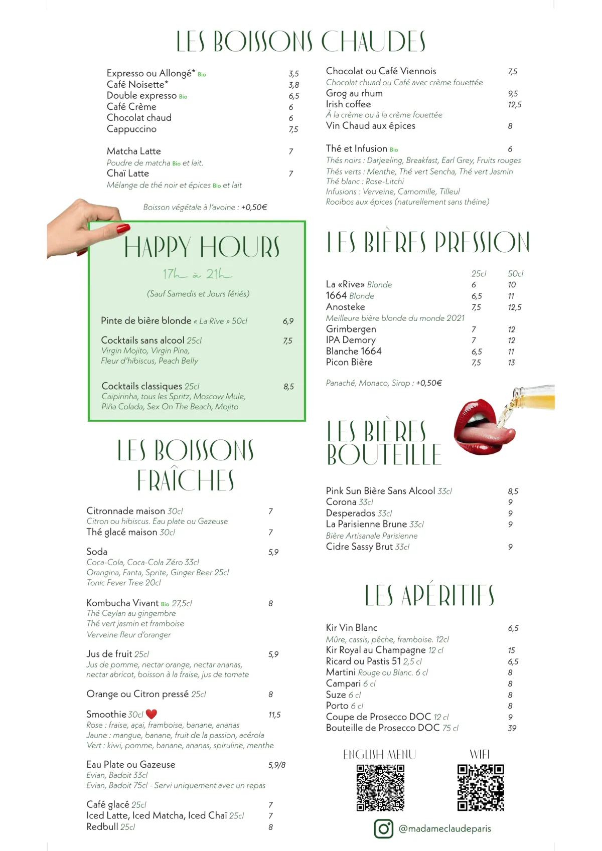 Carte du jour du restaurant Madame Claude à Châtelet, page 7 : Les Boissons Chaudes, Happy Hours, Les Boissons Fraîches, Les Bières Pression, Les Bières Bouteille, Les Apéritifs