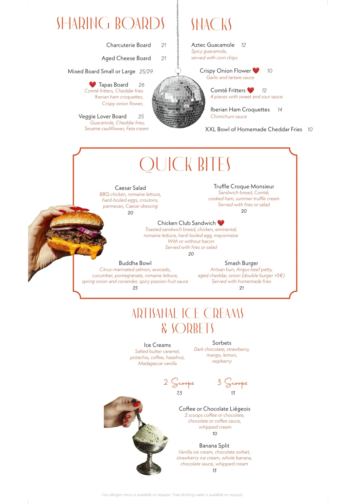 Karaoke night menu of Madame Claude in Paris, page 1 : Sharing Boards, Snacks, Quick Bites, Artisanal Ice Creams & Sorbets