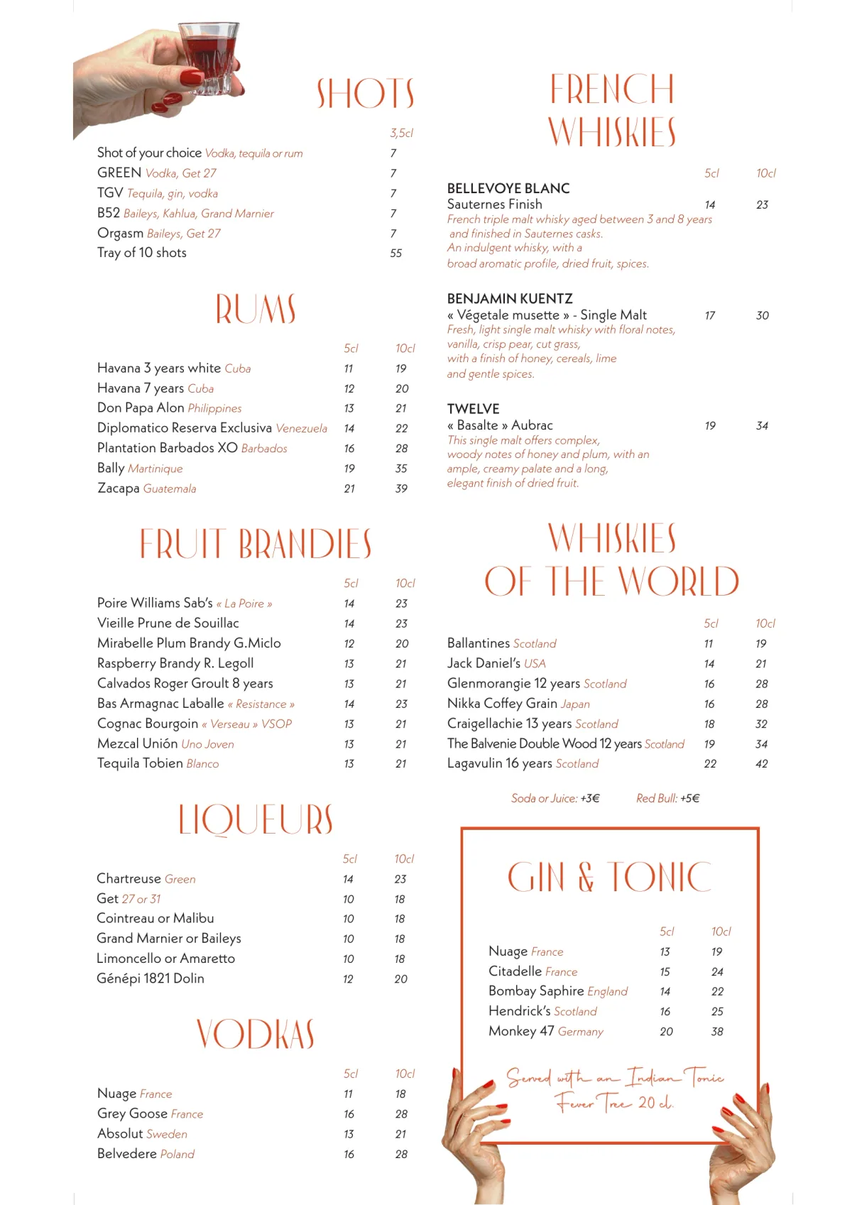 Karaoke night menu of Madame Claude in Paris, page 5 : Shots, Rums, Fruit Brandies, Liqueurs, Vodkas, French Whiskies, Whiskies of the World, Gin & Tonic