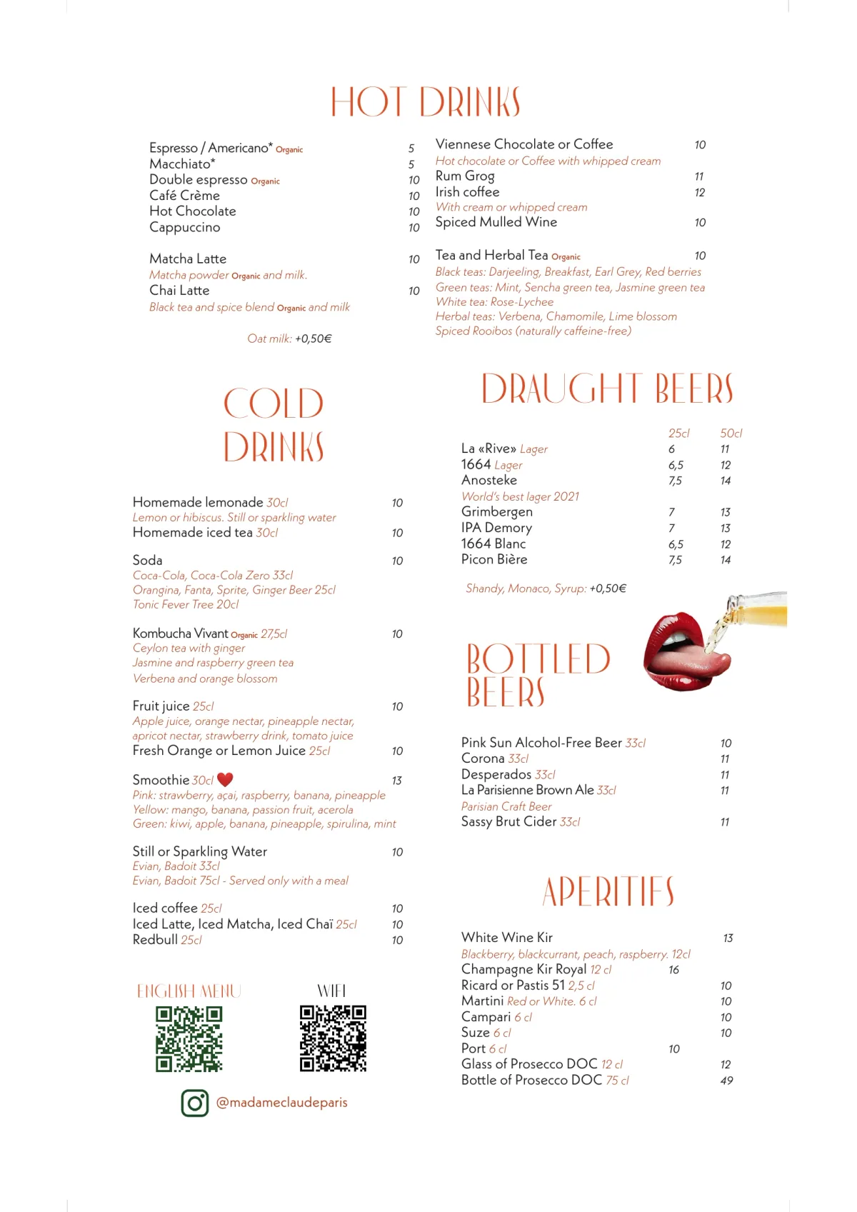 Karaoke night menu of Madame Claude in Paris, page 7 : Hot Drinks, Cold Drinks, Draught Beers, Bottled Beers, Aperitifs