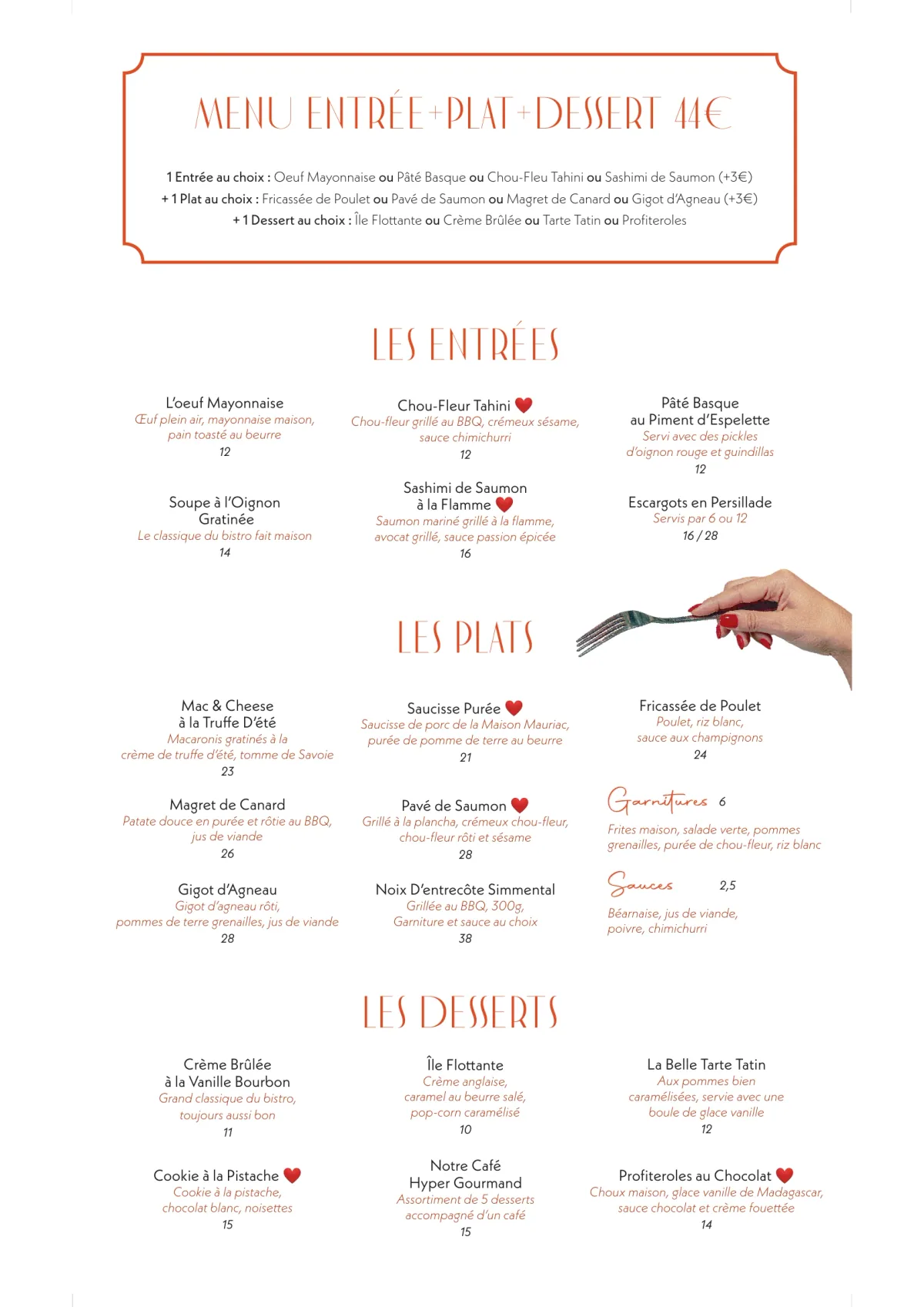 Carte des soirées karaoké de Madame Claude à Paris, page 2 : Menu Entrée+Plat+Dessert 44€, Les Entrées, Les Plats, Les Desserts