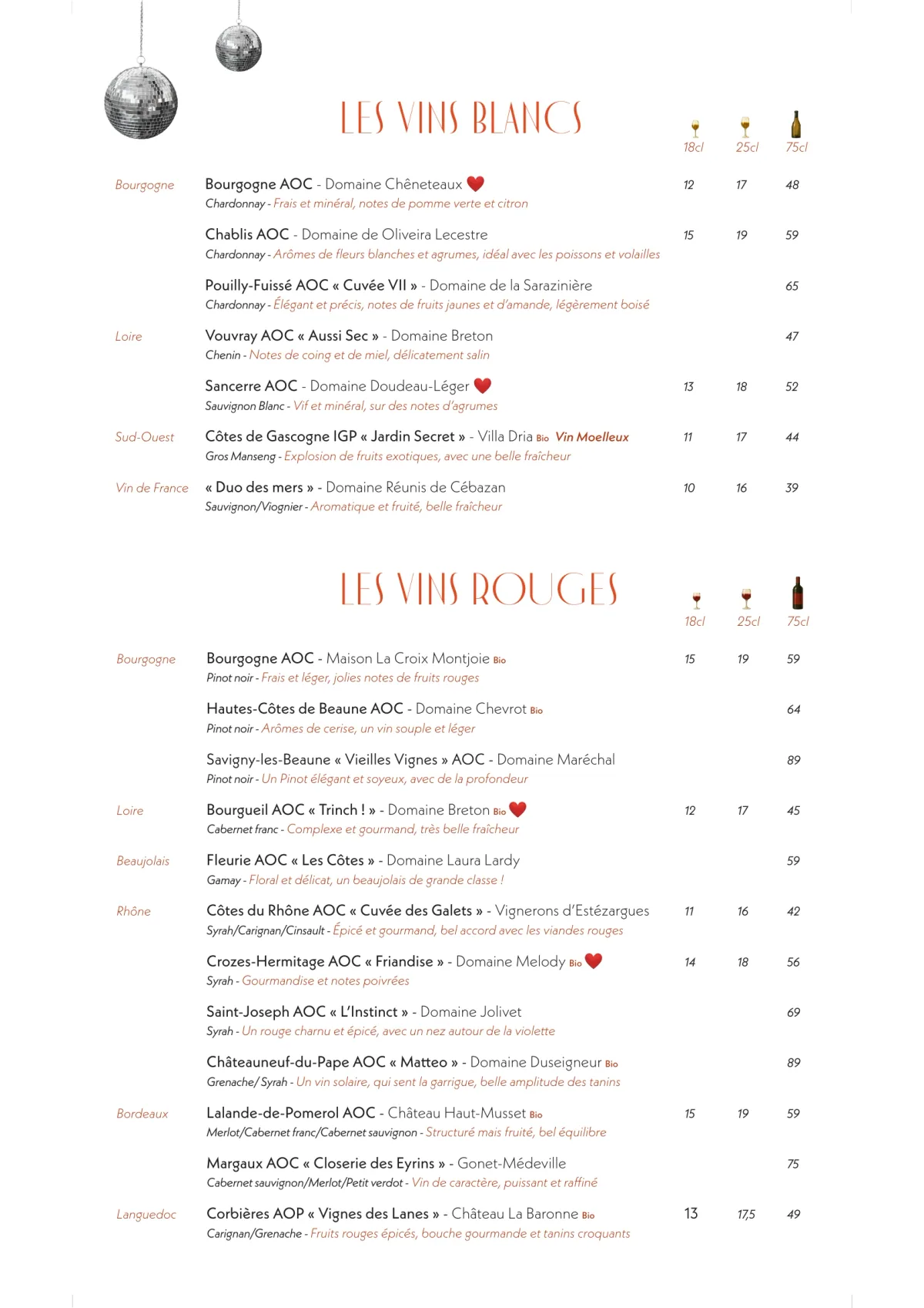 Carte des soirées karaoké de Madame Claude à Paris, page 4 : Les Vins Blancs, Les Vins Rouges