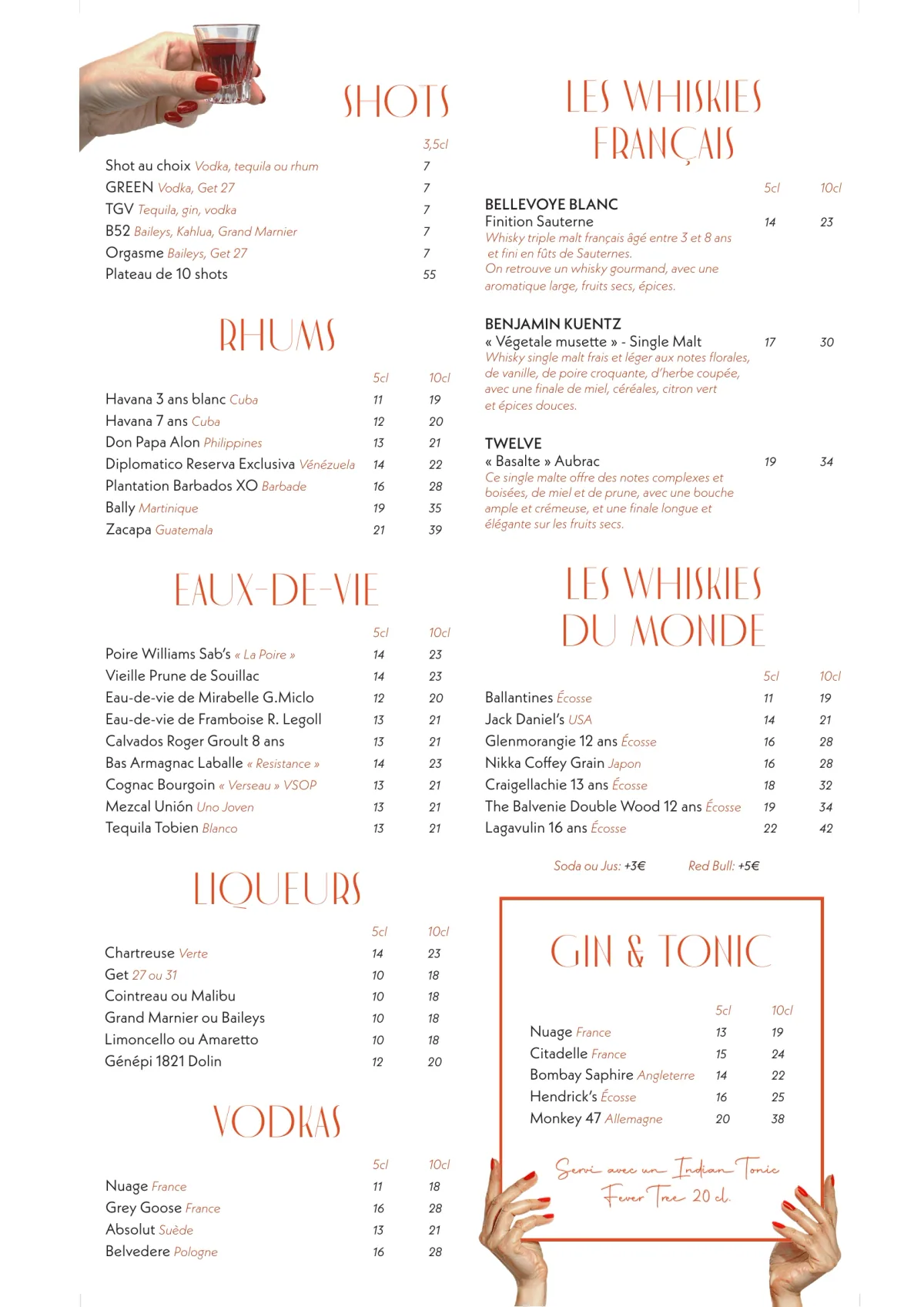 Carte des soirées karaoké de Madame Claude à Paris, page 5 : Shots, Rhums, Eaux-de-vie, Liqueurs, Vodkas, Les Whiskies Français, Les Whiskies du Monde, Gin & Tonic