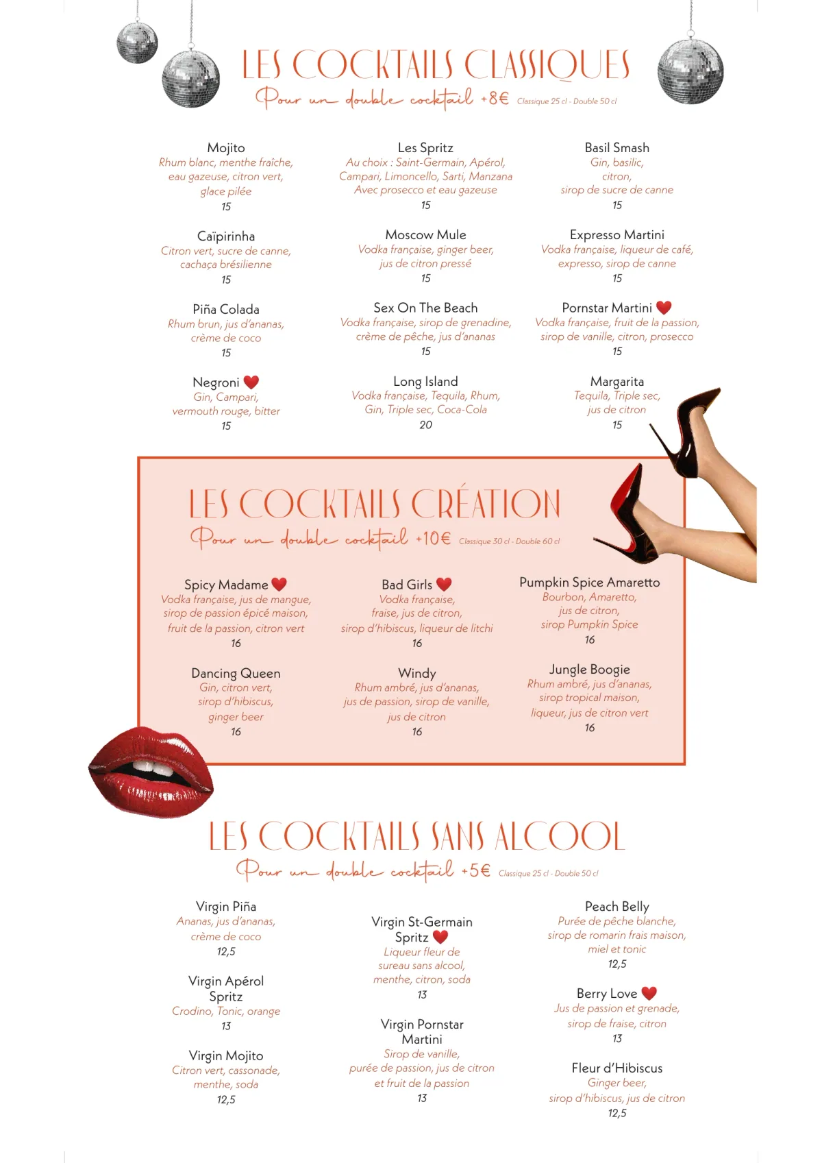 Carte des soirées karaoké de Madame Claude à Paris, page 6 : Les Cocktails Classiques, Les Cocktails Création, Les Cocktails Sans Alcool