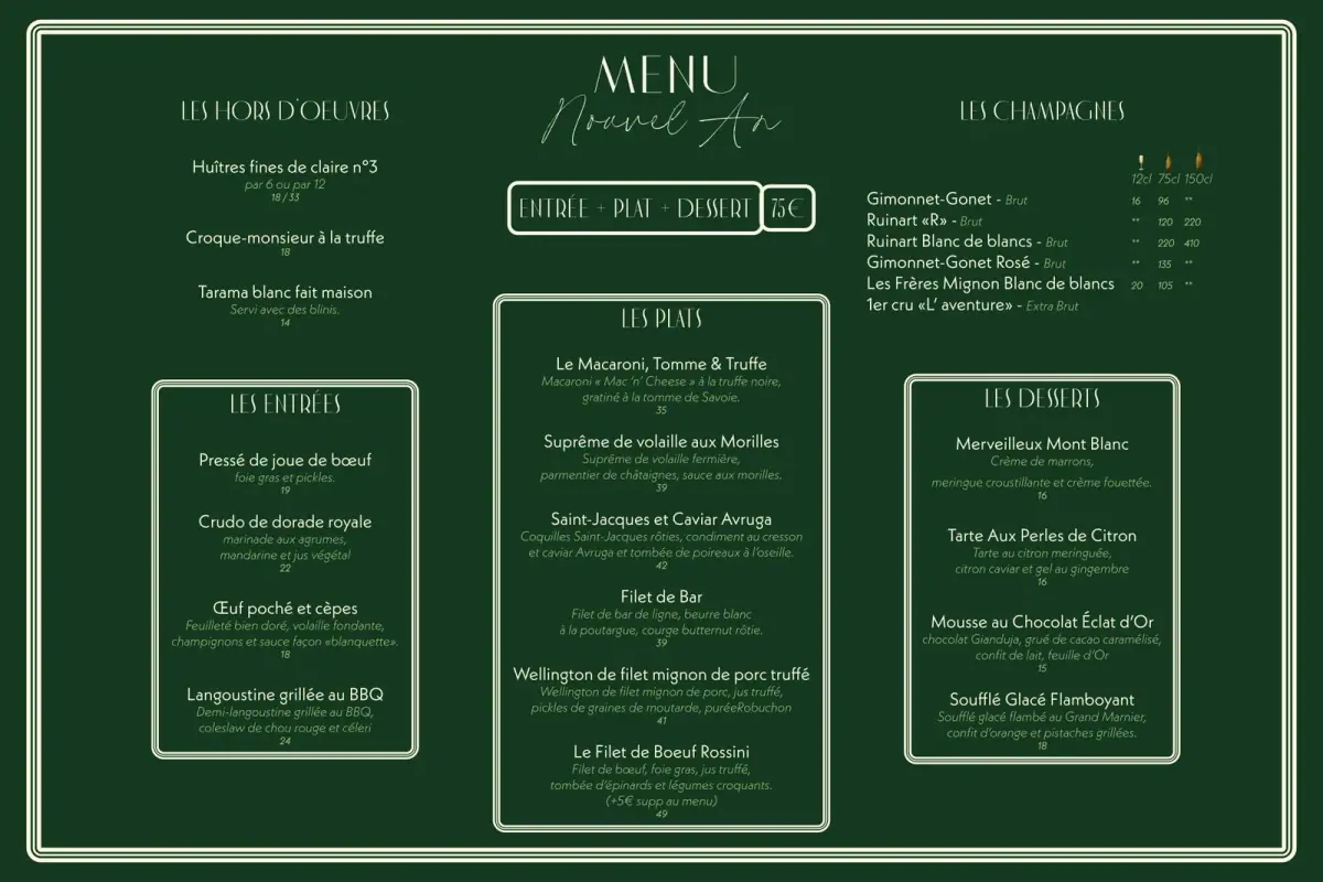 Menu du Nouvel An de Madame Claude : entrée, plat, dessert