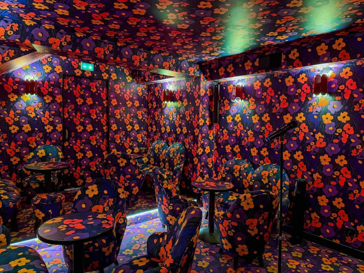 Salle privative personnalisable : motifs floraux rétro, éclairage néon et équipement karaoké